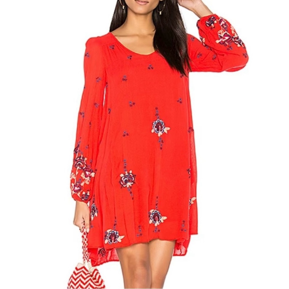 Free People Red Embroidered Long Sleeve Dress Sz S